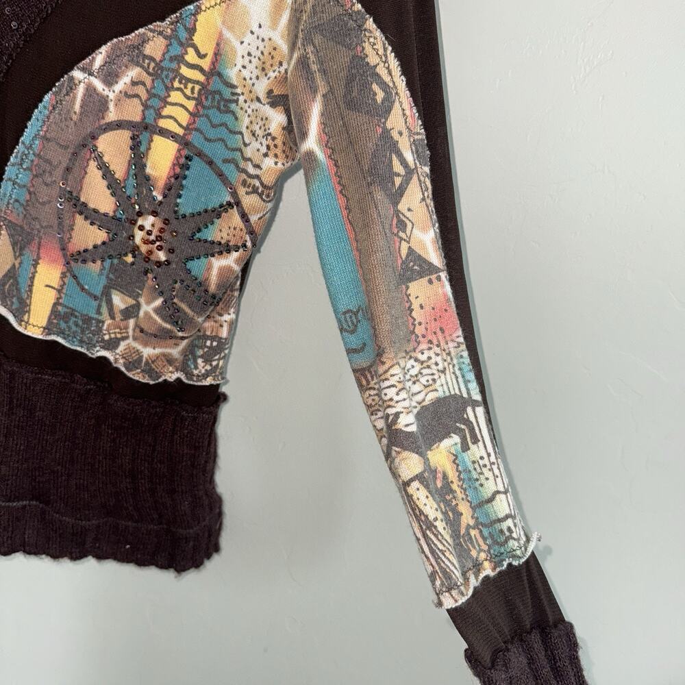 Rare Etoile Du Monde Brown Semi-Sheer Patchwork Sweater Boho Celestial Art - Picture 9 of 9